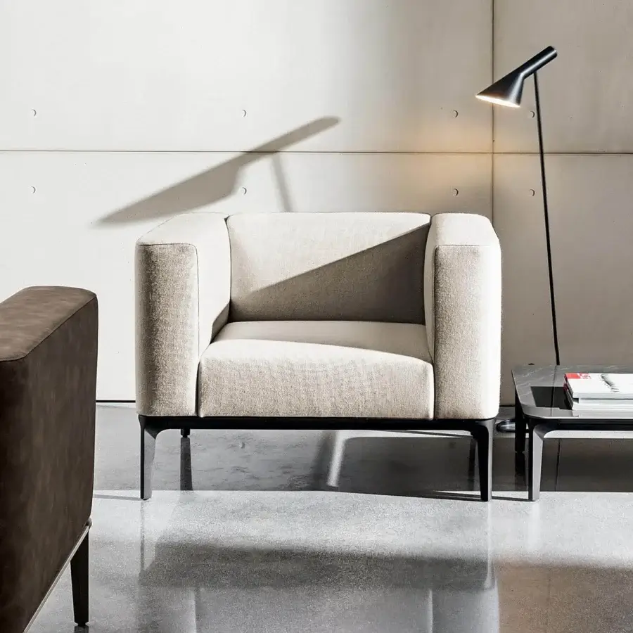 Refined Sovet Italia Slim lounge chair with light neutral beige European fabric upholstery and polished chrome finish