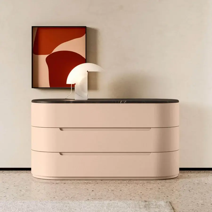 Distinguished Presotto Globo dresser with curved plywood and a warm beige matte lacquer complemented by a dark marble-like tabletop