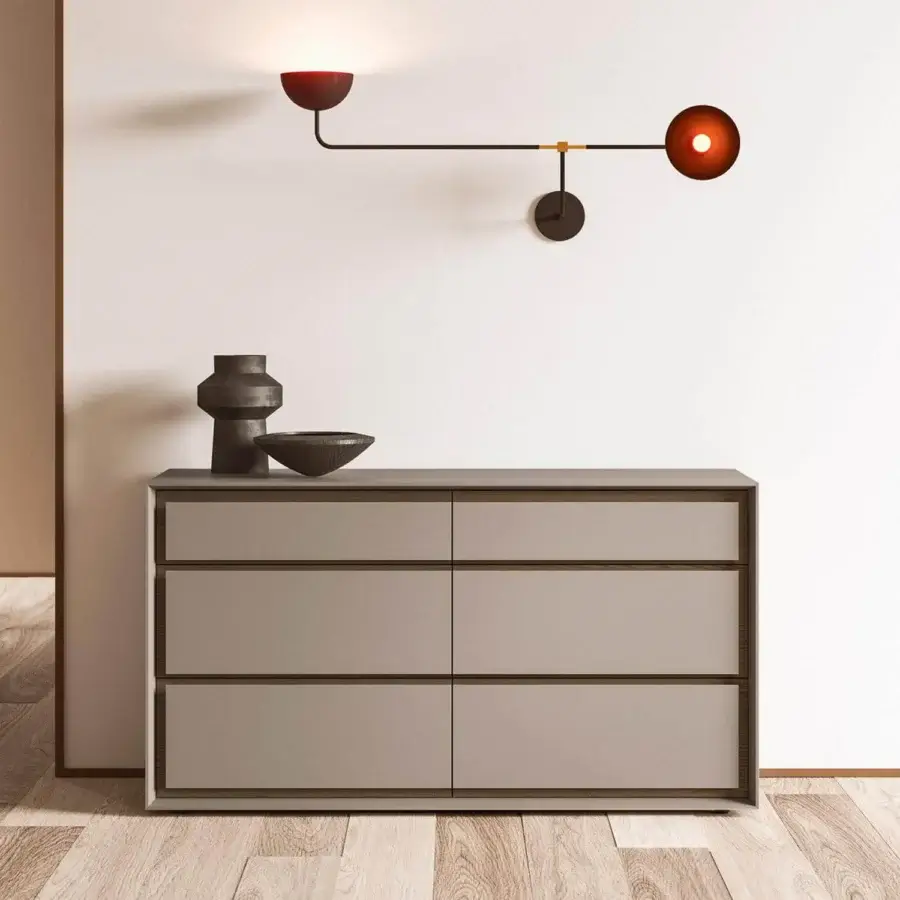 Distinguished Presotto Memories dresser with wood veneer in muted gray-taupe and integrated grip grooves across six drawers