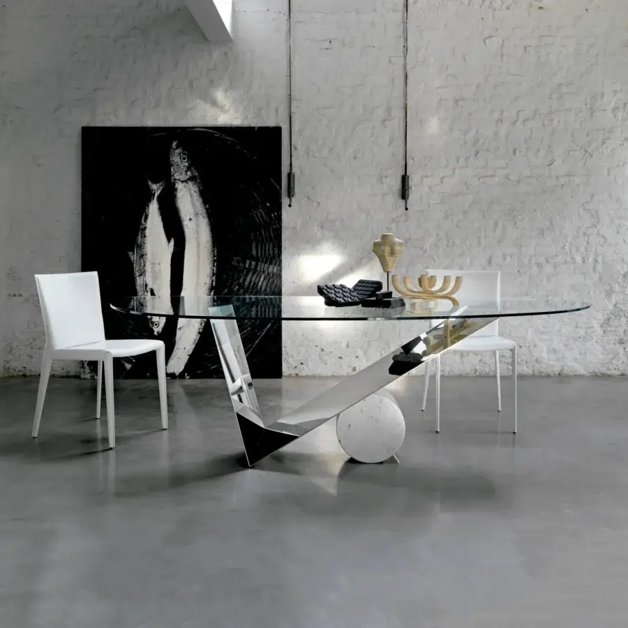 Distinguished Cattelan Italia Valentinox table crafted in clear glass with polished stainless steel and white Carrara marble