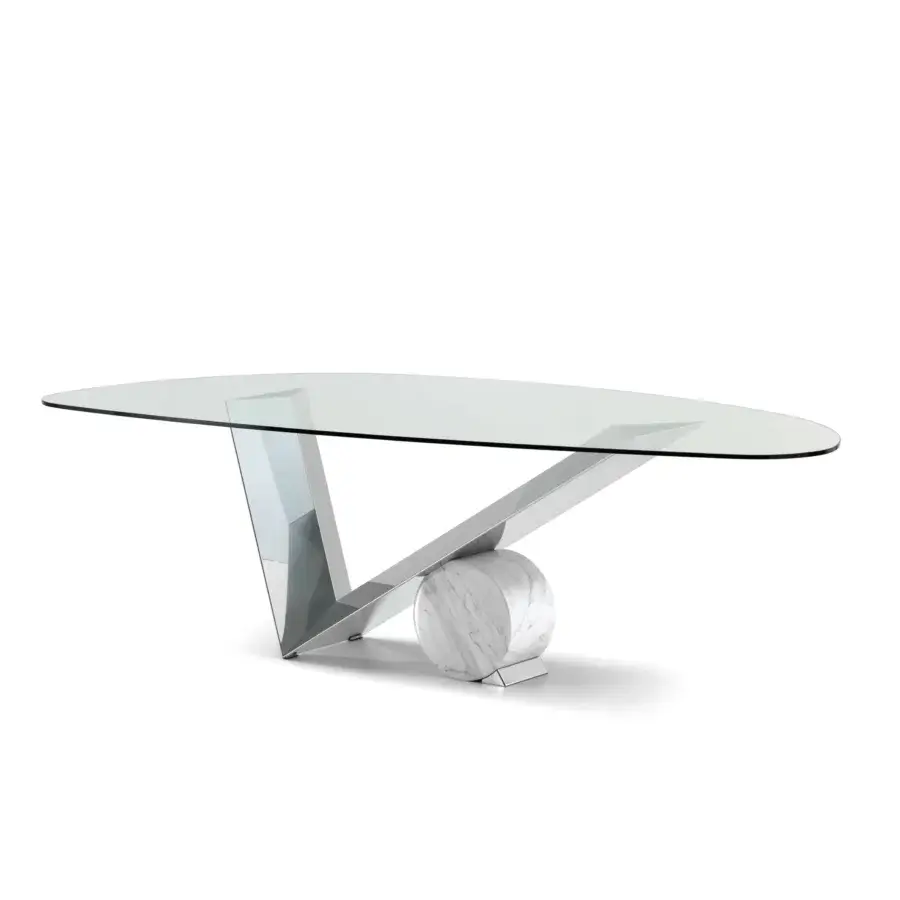 Superior Cattelan Italia Valentinox table built in clear glass with a polished stainless steel base and white Carrara marble