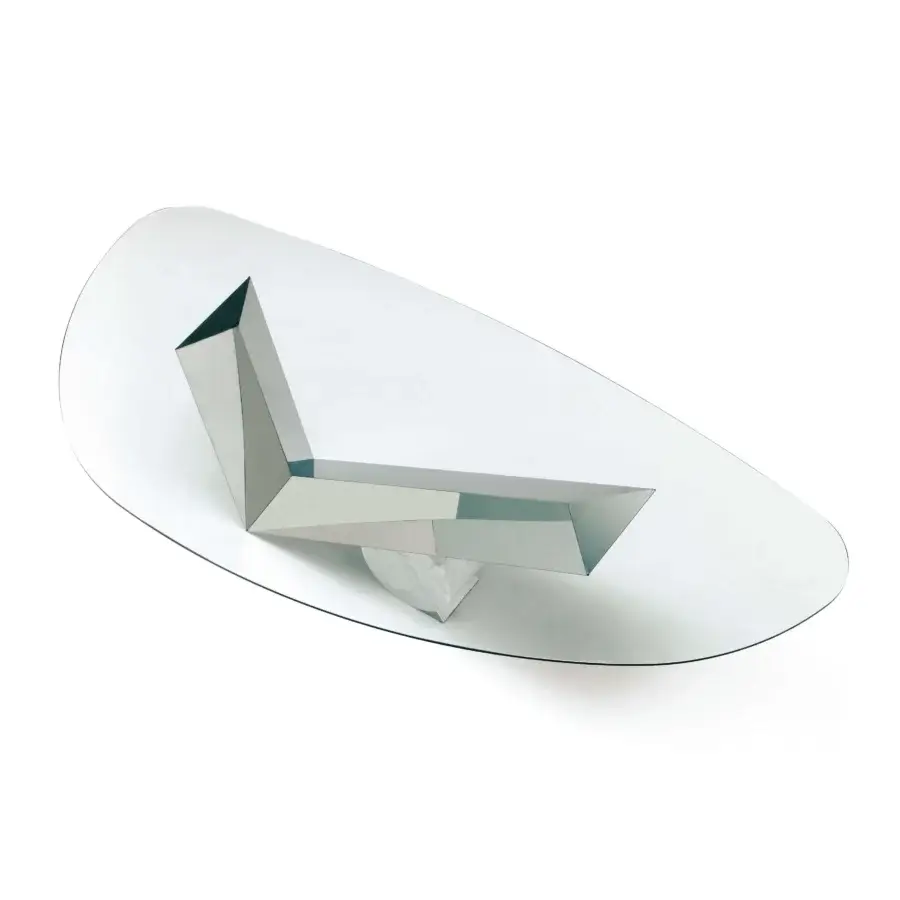 Elegant Cattelan Italia Valentinox table with clear glass and a polished stainless steel base plus matte travertine marble support