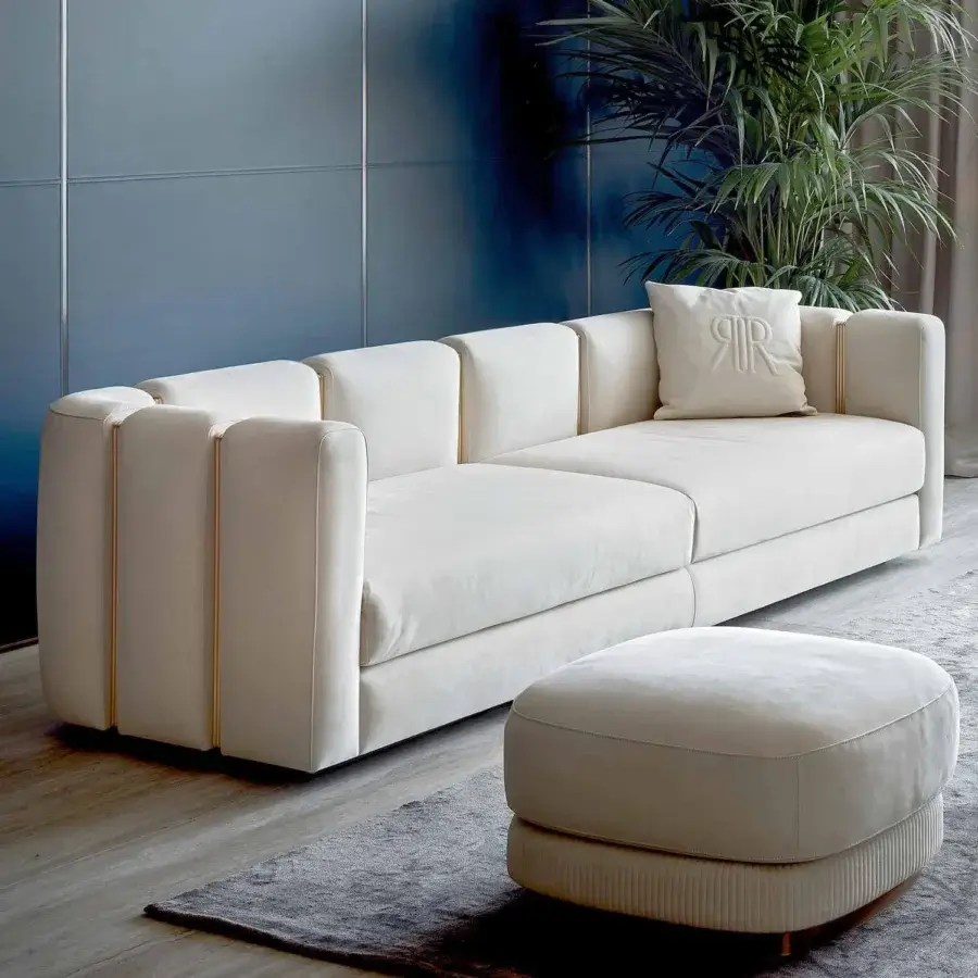 Distinguished Rugiano Club sofa with full textile covering in muted creamy beige and lighter beige trim
