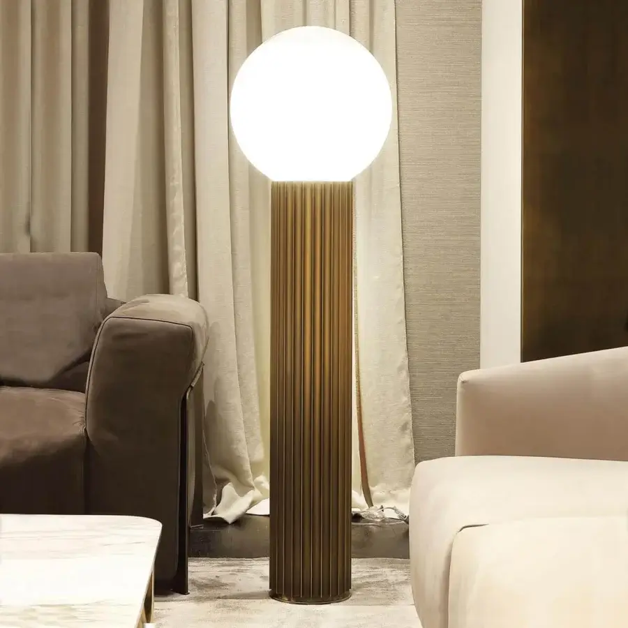 Exceptional Rugiano Liberty floor lamp with aluminum base and white glass lampshade in brushed gold finish