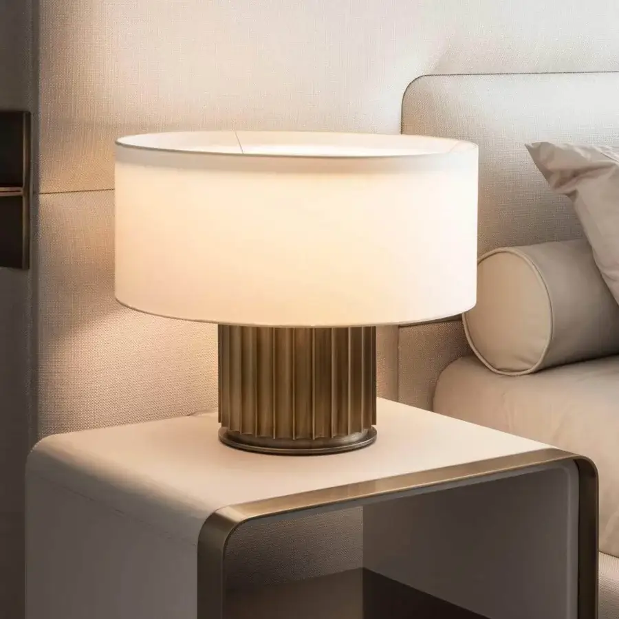 Superior Rugiano Liberty table lamp with aluminum base and off-white fabric diffuser in golden-bronze satin finish