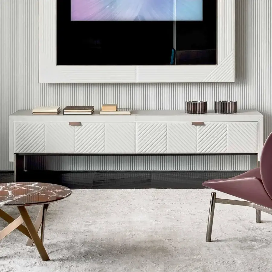 Exclusive Rugiano Iolanda Low sideboard crafted in light gray-white leather with rose-gold metallic hardware and embroidered detailing