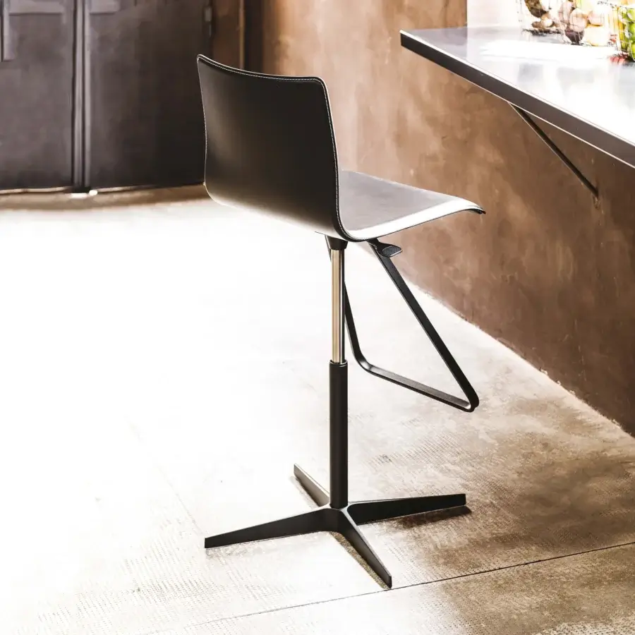 Exclusive Cattelan Italia Toto X stool with matte black leather upholstery and chromed steel gas piston built with a lacquered base