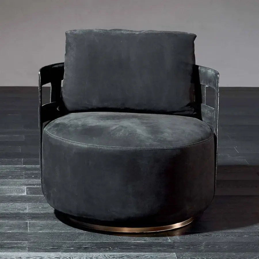 Exclusive Rugiano Braid lounge chair with braided hide-leather and dark gray textured fabric upholstery in blackened metal and bronze finish