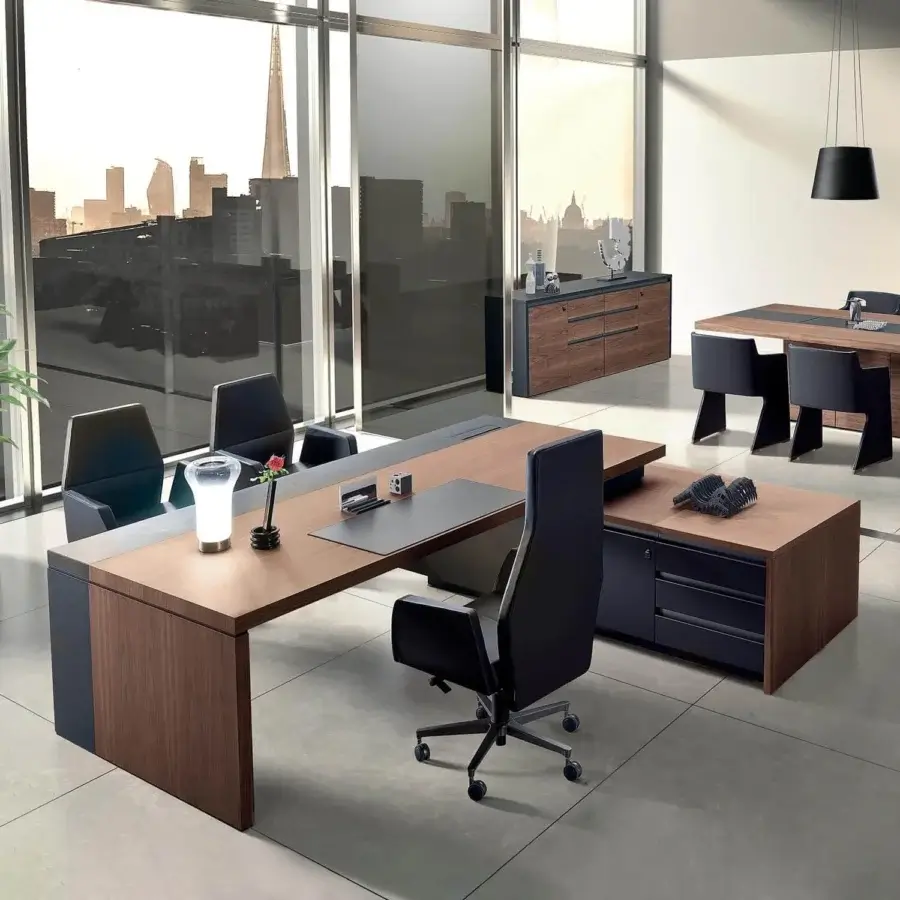 Superior 4 Mariani Kefa desk built with brown wood, soft leather inlay, and titanium aluminum drawer pulls in matte lacquer