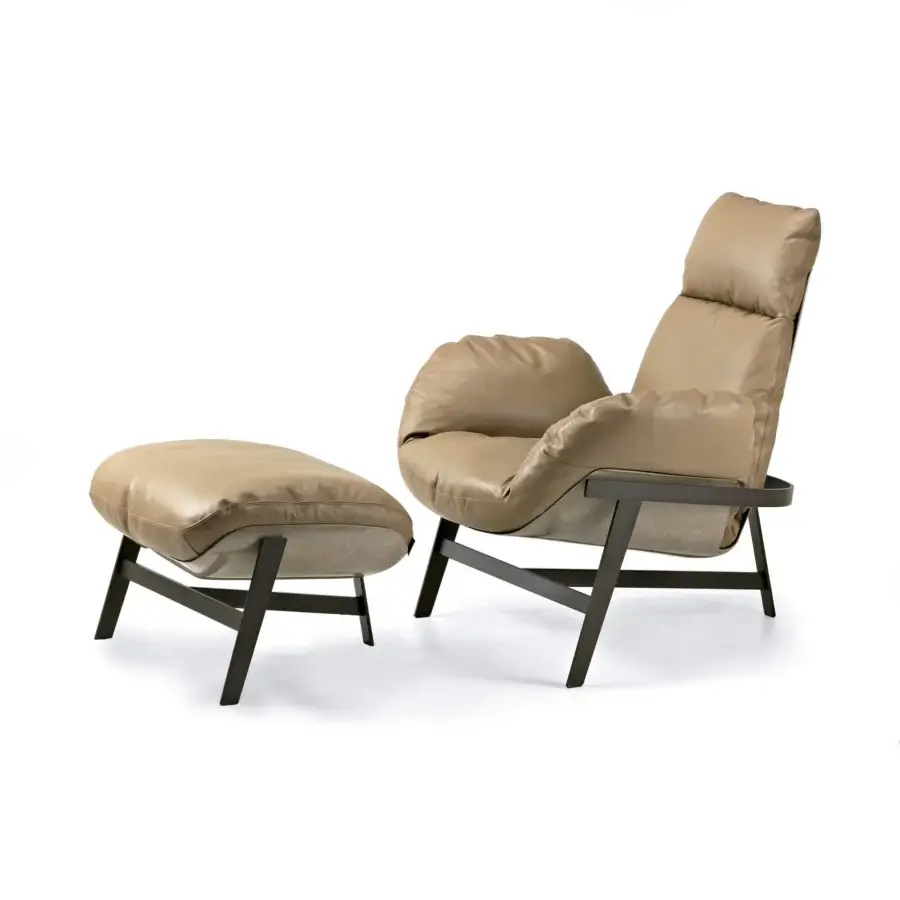 Sophisticated Arketipo Jupiter Lite lounge chair with a matching ottoman in light tan Pelle Leonardo leather and dark frame