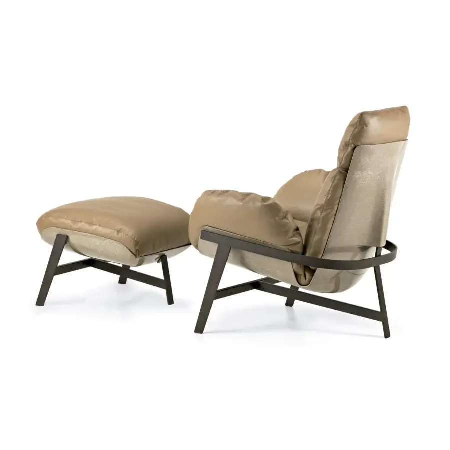 Distinguished Arketipo Jupiter Lite lounge chair in light tan Pelle Leonardo leather with a textured light beige back and dark brown metal frame