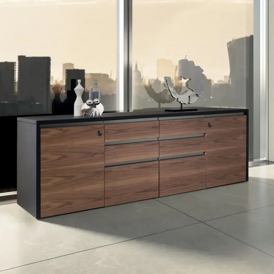 Elegant 4 Mariani Kefa sideboard with wood veneer, dark gray base, and titanium varnished aluminum profile handles in a satin finish