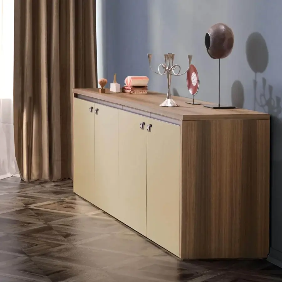 Sophisticated 4 Mariani Kefa sideboard crafted with leather and wood veneer in neutral beige with a warmer brown base