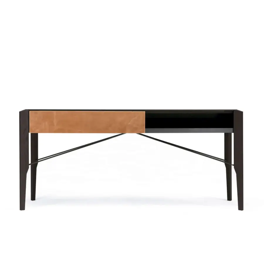 Distinguished Arketipo Glory console crafted in Italy with a dark wood frame and light brown Leonardo leather drawer