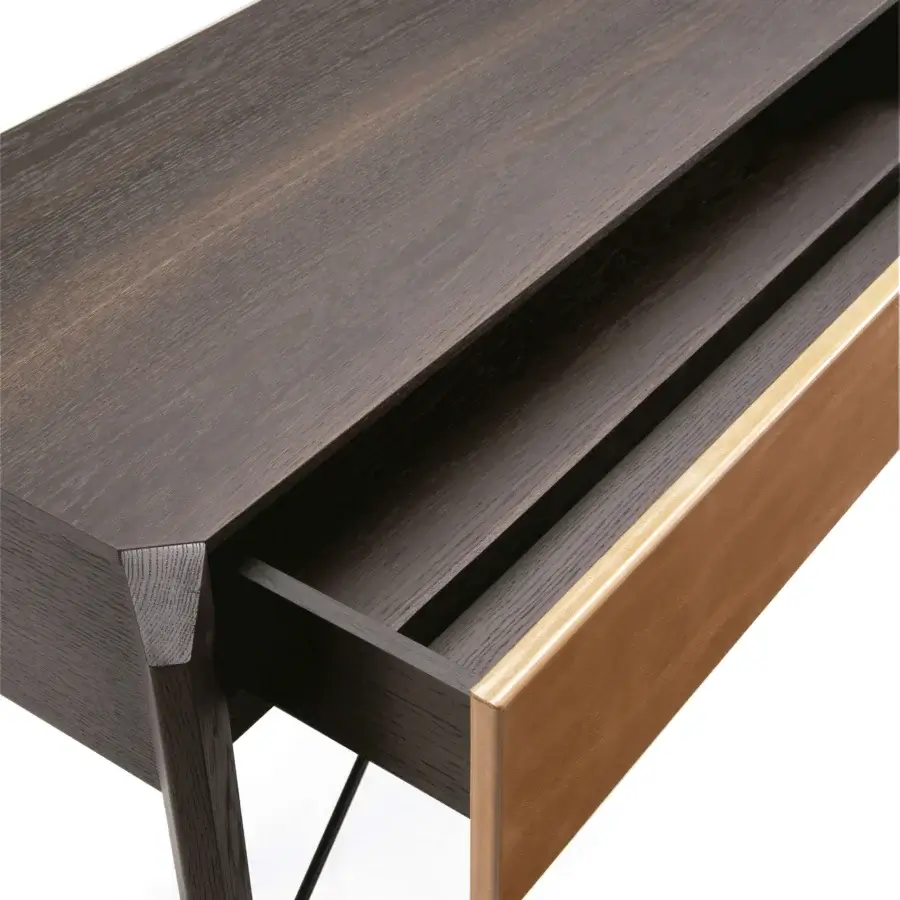 Elegant Arketipo Glory console built with dark-stained wood, slender intersecting rods and Leonardo leather drawer