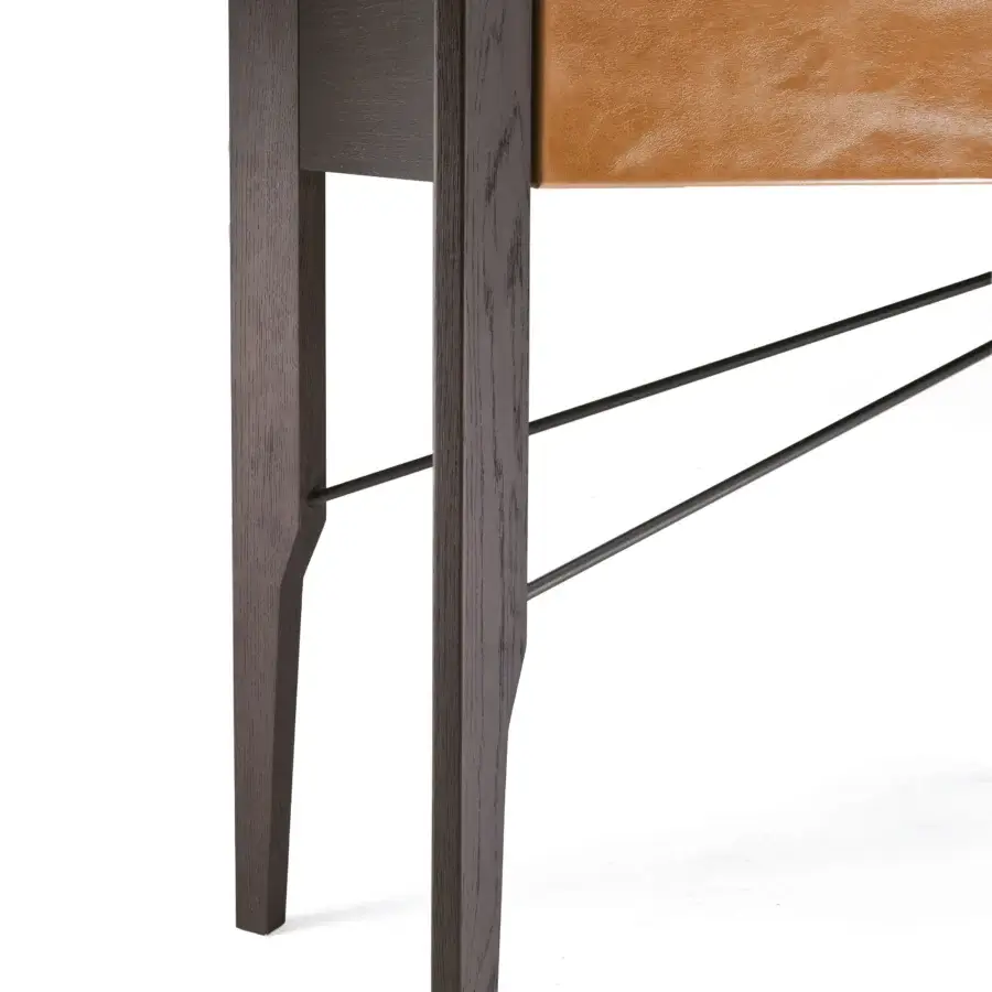 Superior Arketipo Glory console crafted in Italy with dark brown matte finish and tan leather-like drawer alongside an open shelf
