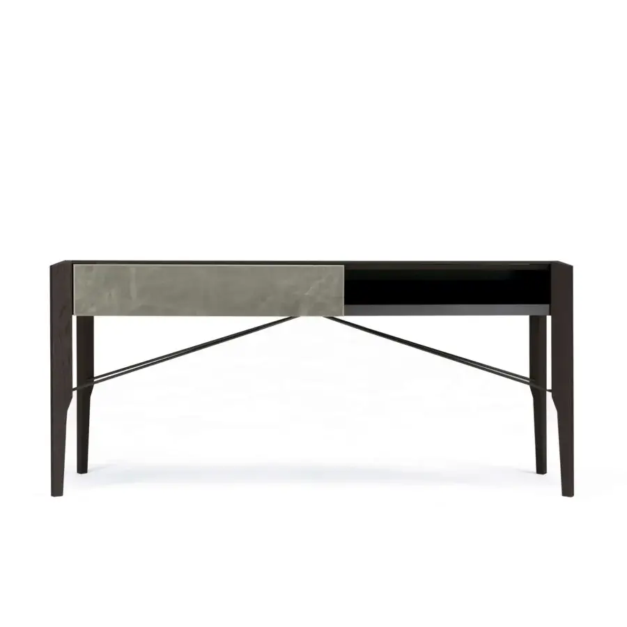 Distinguished Arketipo Glory console with dark brown wood, Leonardo leather drawer and slender dark metal rods supporting an open shelf