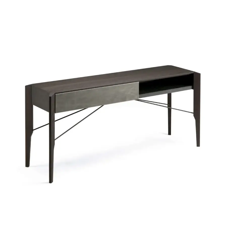 Elegant Arketipo Glory console with dark stained wood, light gray Leonardo leather and slender metal legs crafted in Italy
