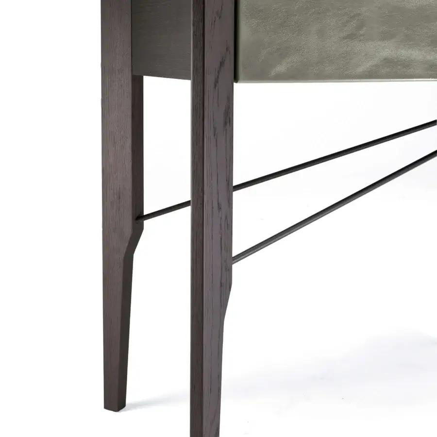 Superior Arketipo Glory console crafted in Italy with dark brown wood, gray drawer front and black metal support rods with matte finish