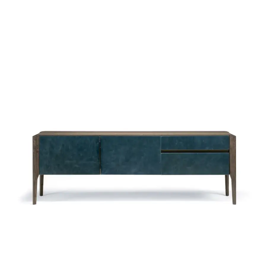 Distinguished Arketipo Glory sideboard with deep blue synthetic panels and warm brown matte wood frame built with subtle metal accents