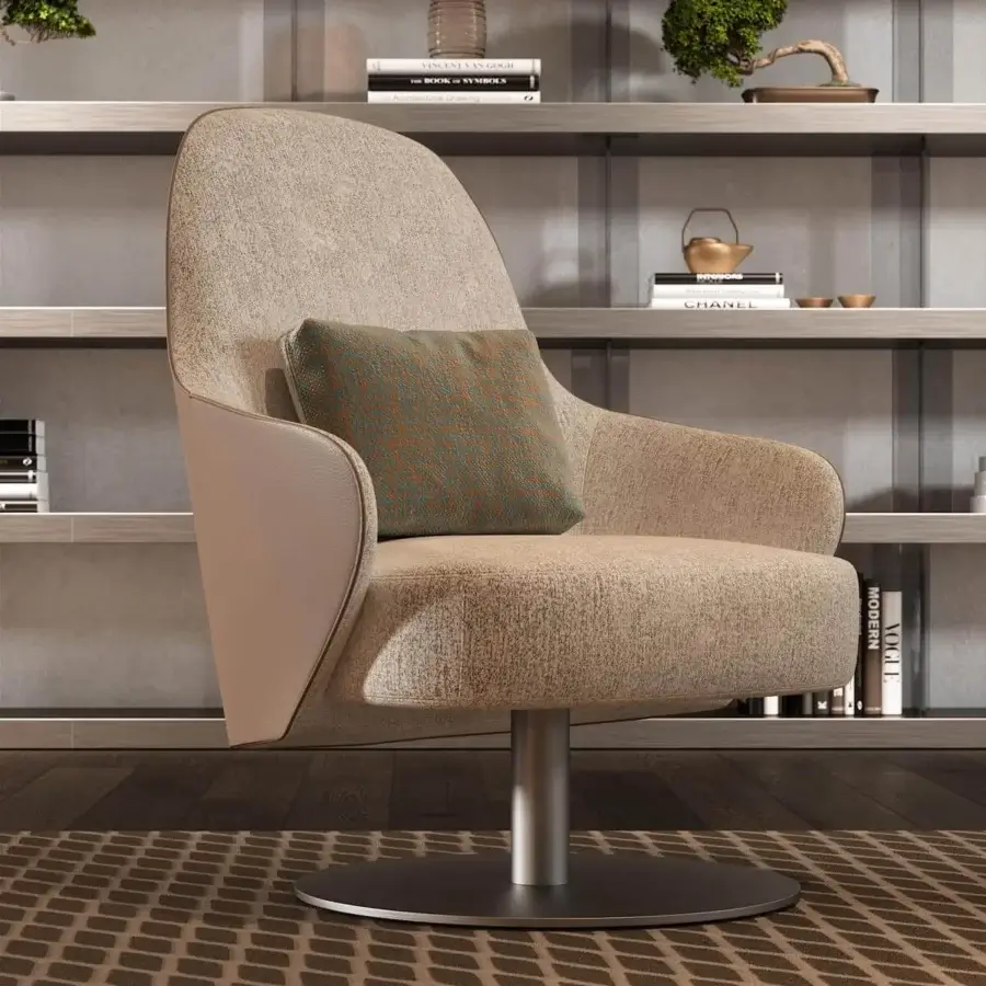 Refined Reflex Ludwig lounge chair with padded seat and back, built with wood and a sleek matte black metal swivel base in textured beige fabric
