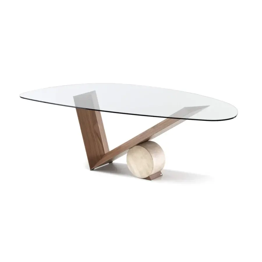Elegant Cattelan Italia Valentino table with clear glass, a Canaletto walnut base and travertine cylinder