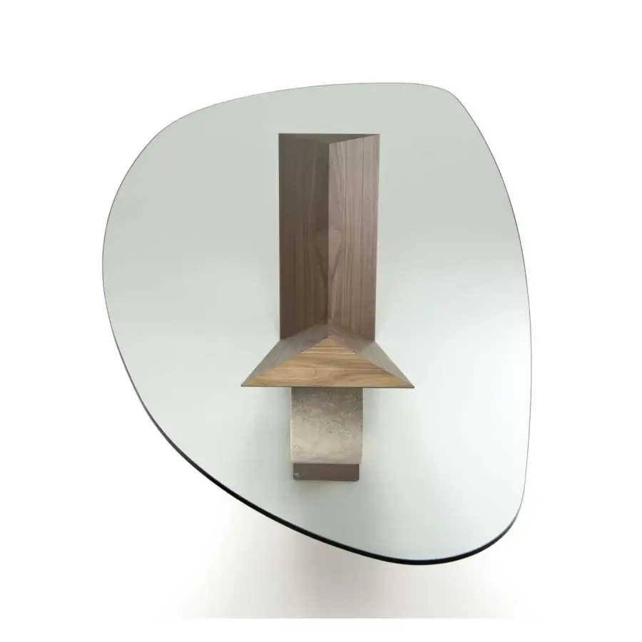 Lavish Cattelan Italia Valentino table with clear glass, a geometric base crafted from Canaletto walnut and textured Travertine marble
