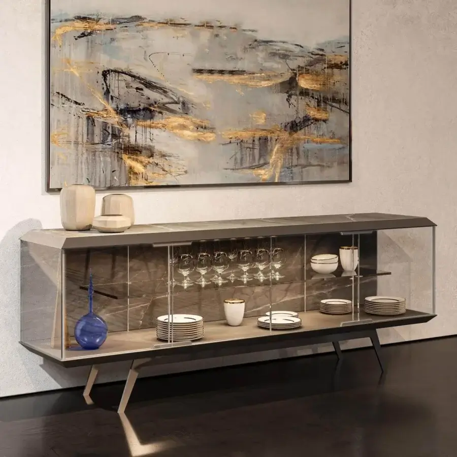 Distinguished Reflex London sideboard with bevelled wood, Marble Glass, and stylish metalwork in a dark gray glossy finish