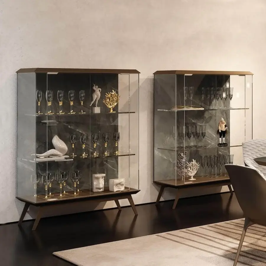 Exceptional Reflex London cupboard crafted with bevelled wood, transparent glass, and a satin dark brown finish