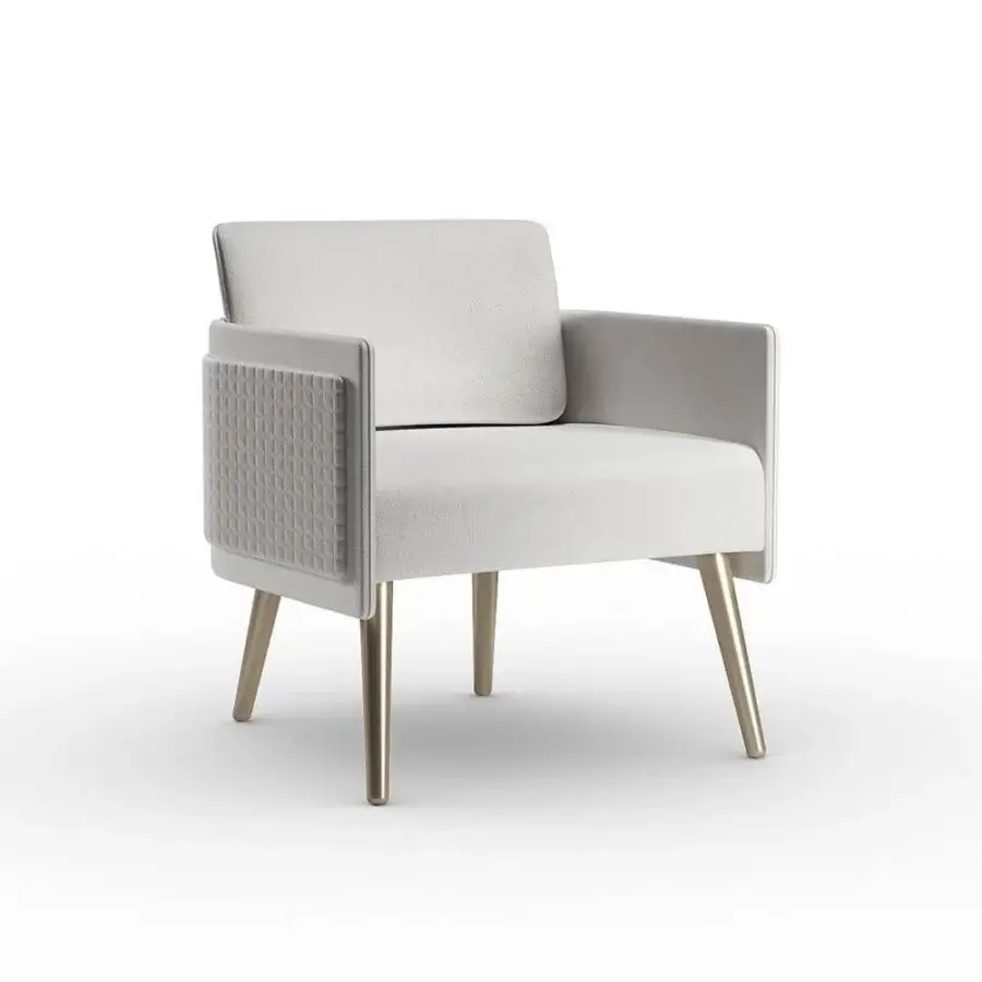 Sophisticated Reflex Amet lounge chair upholstered in textured light beige textile with golden-toned metal legs and grid-patterned accents