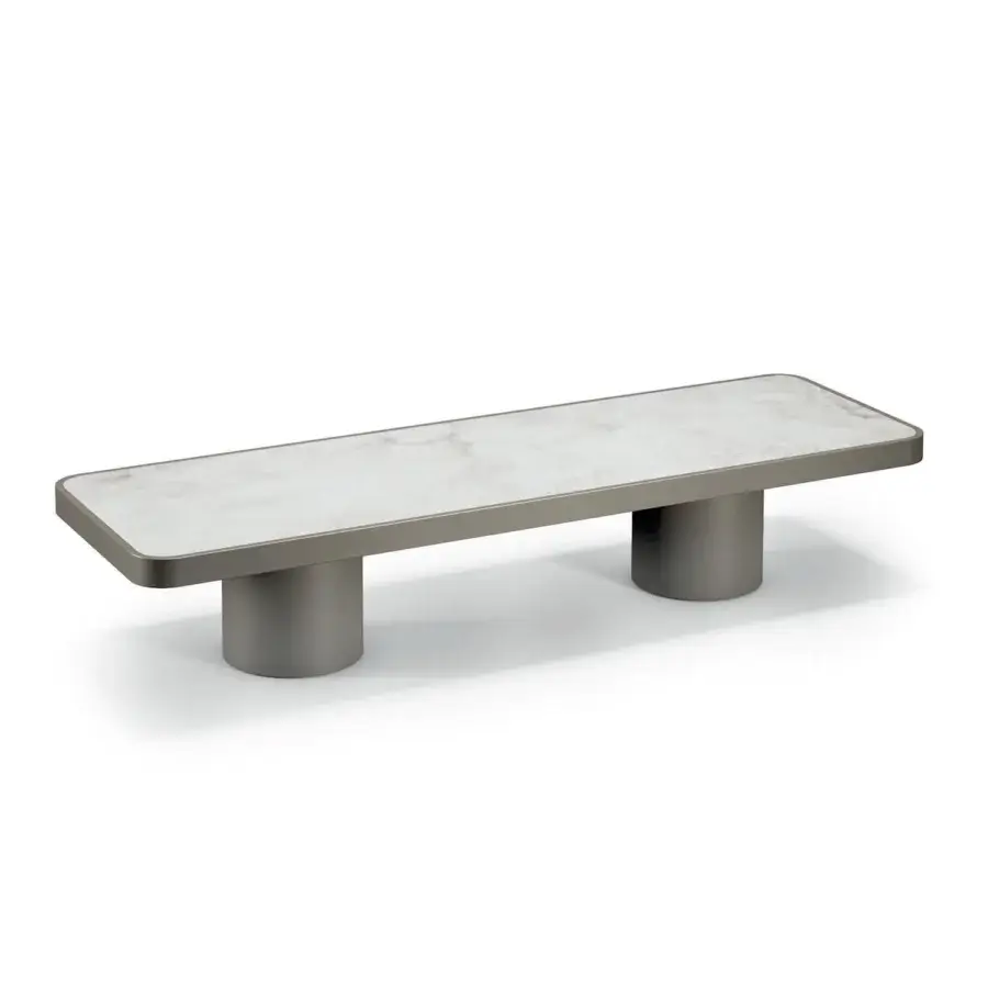 Elegant Reflex Tau Steel side table with marble glass top and sleek cylindrical steel bases in a matte dark grey finish
