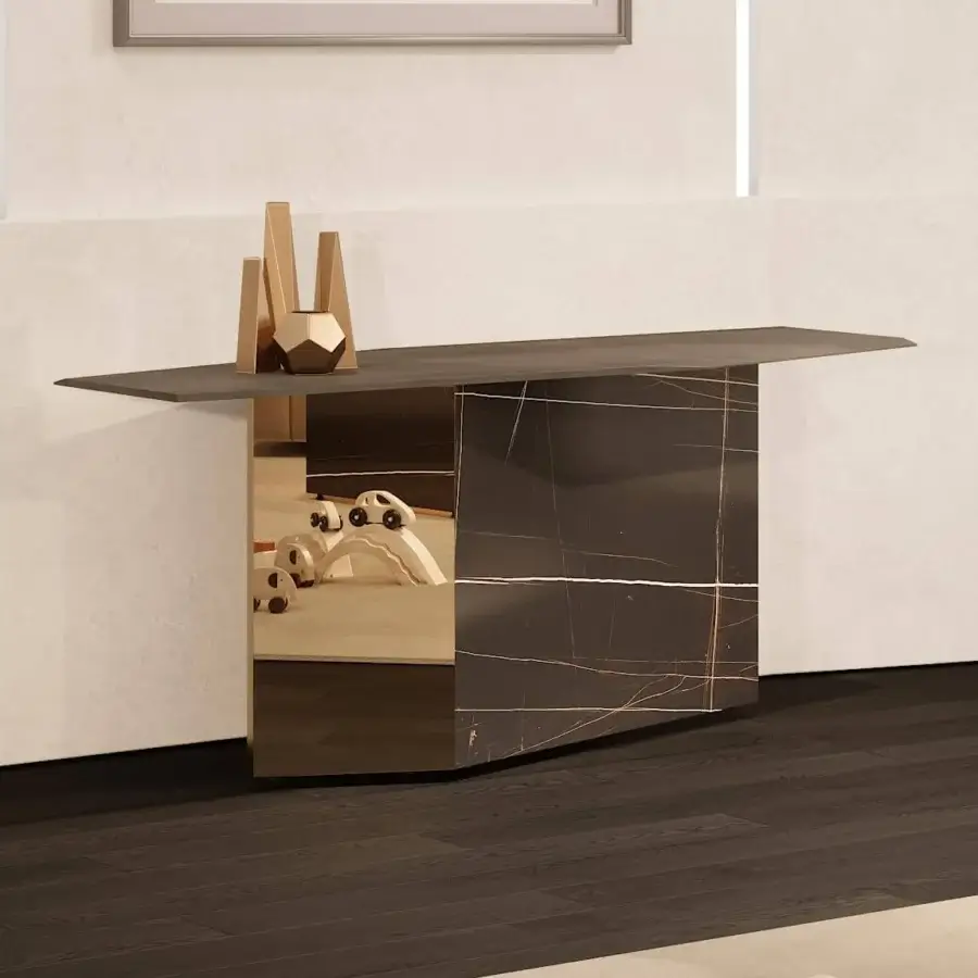 Superior Reflex Cubitum console with dark marble base, marble glass sides and beveled extra clear glass top in Dark Brass finish