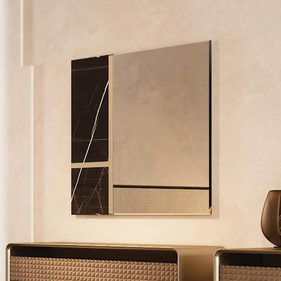 Exquisite Reflex Mondrian mirror with extra clear glass, bevelled edges and bronze lacquer with Marble Glass inlays