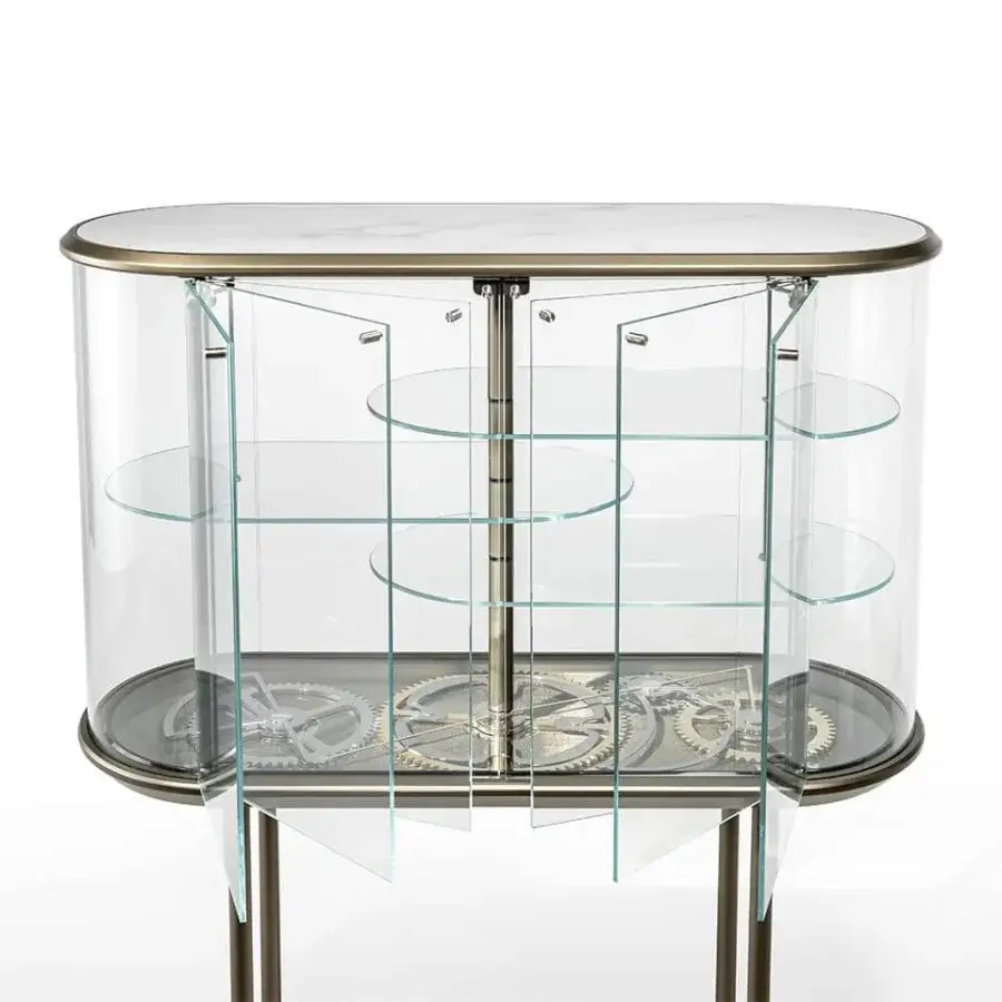 Exceptional Reflex Big Ben bar cabinet with extra-clear glass, polished gold gears and bronze-finished metal frame with light gray marble glass top
