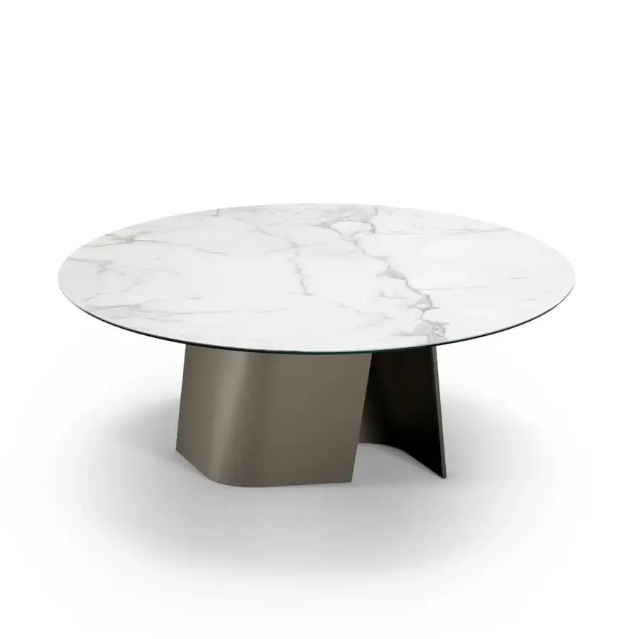 Distinguished Reflex Esse table with marble glass tabletop and curved extra clear glass base in Bronze finish