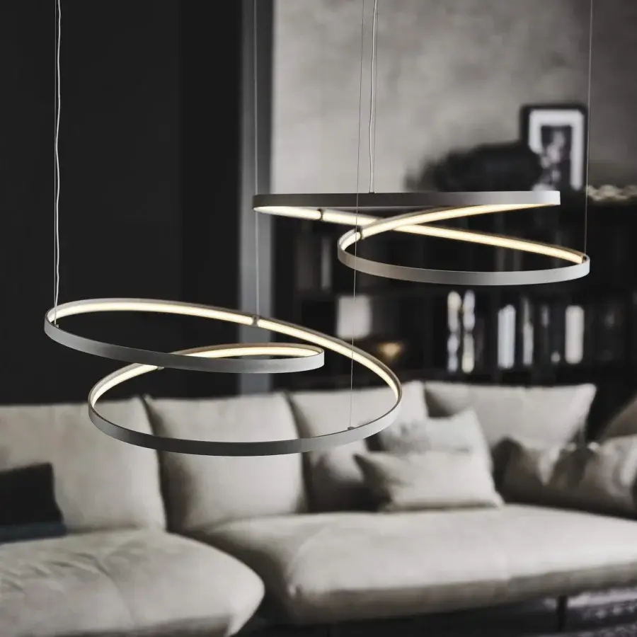 Superior Cattelan Italia Heaven suspension lamp with interconnected flattened circular rings in titanium embossed lacquered metal and matte gray finish