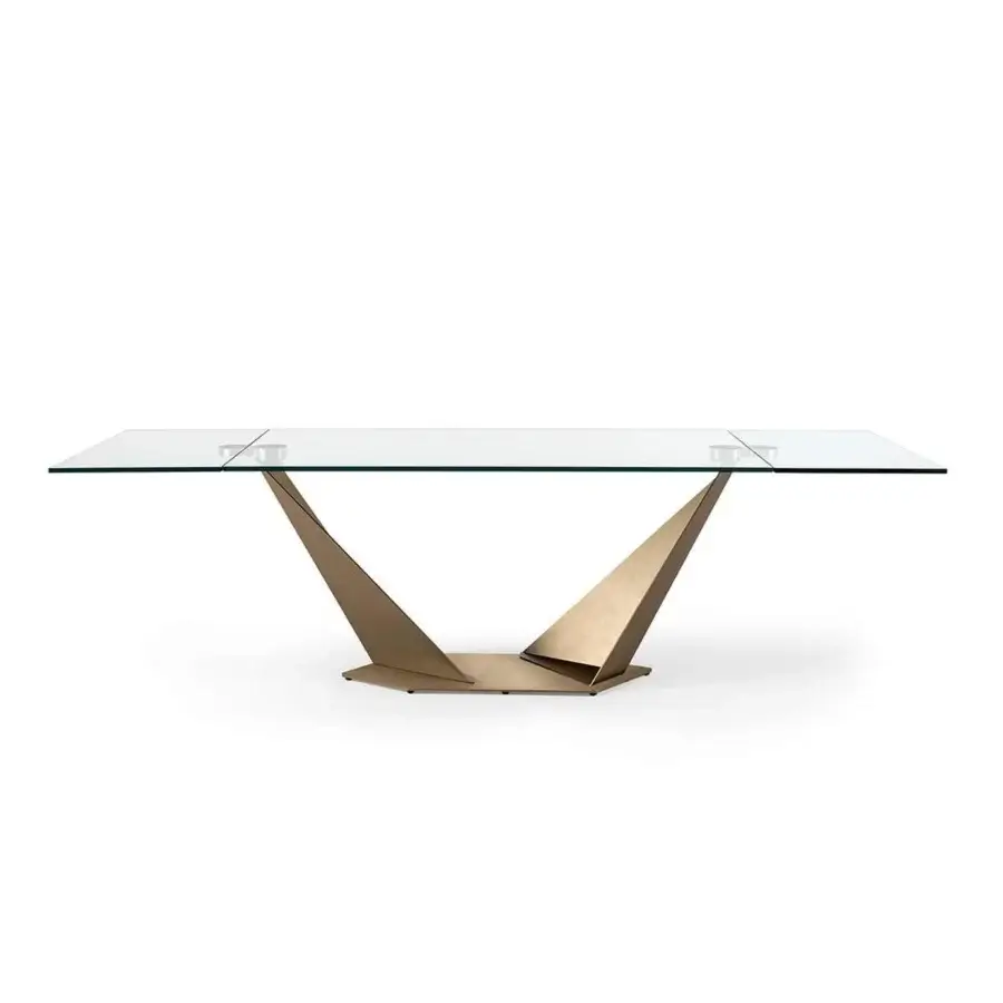 Elegant Reflex Quartz table with transparent tempered glass top and satin brass metal base