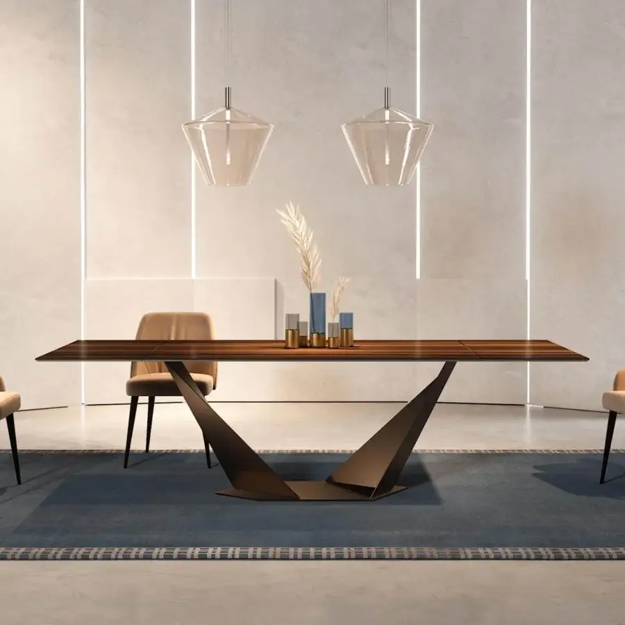 Exceptional Reflex Quartz table with dark matte metal base and warm medium-toned brown satin glass tabletop crafted in Italy
