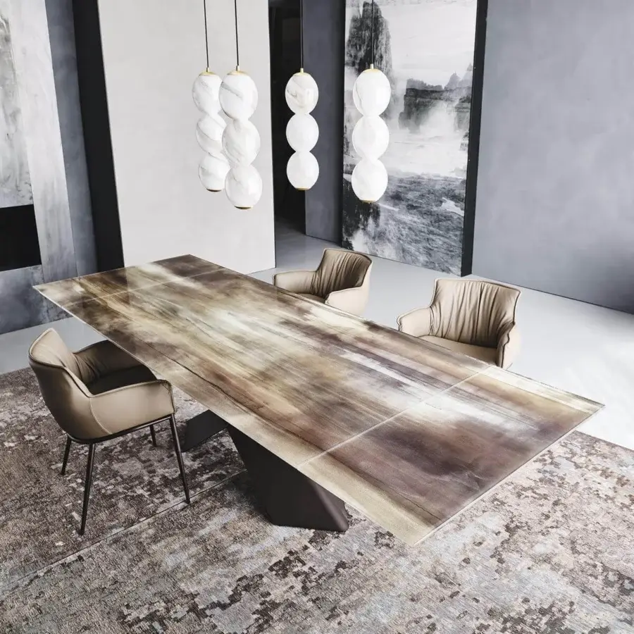 Distinguished Cattelan Italia Tyron CrystalArt table with artistic decorative printing on extra-clear glass and embossed lacquered steel base