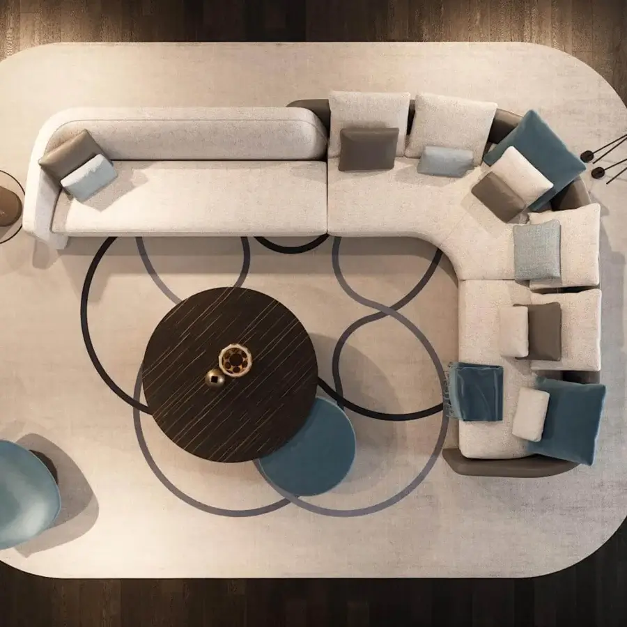 Innovative Reflex Stratum sectional with neutral beige textile upholstery and subtle gray-blue cushions crafted in Italy with wooden structure