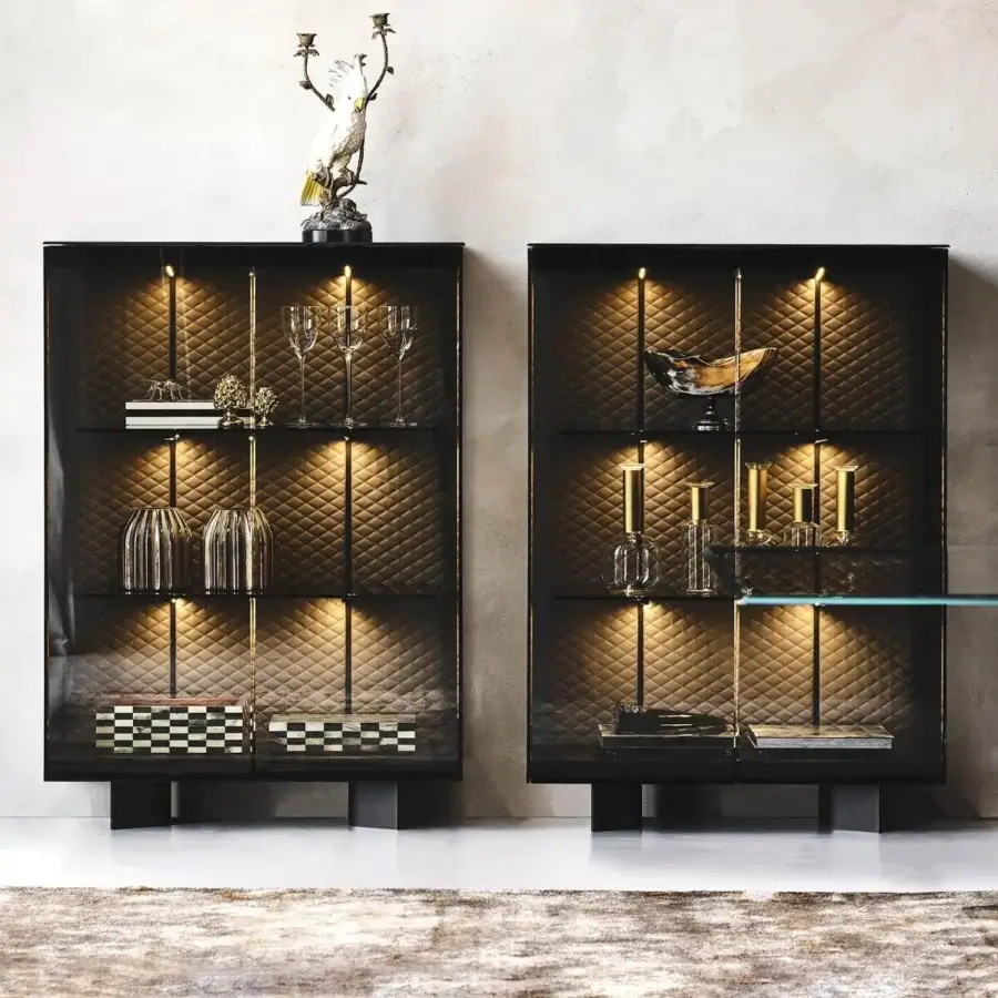 Distinguished Cattelan Italia Boutique Alta cupboard with black embossed steel, smoke glass doors and quilted soft leather interior