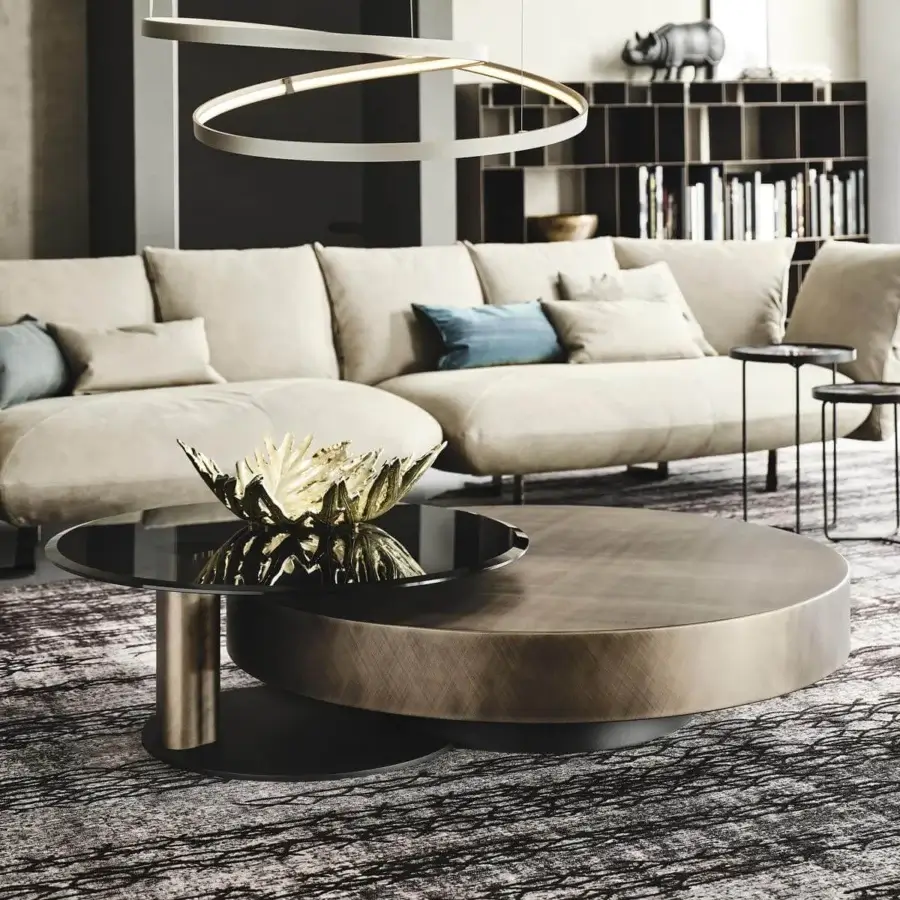 Distinguished Cattelan Italia Arena coffee table with black embossed lacquered steel base and brushed bronze lacquered steel top crafted with clear glass inset