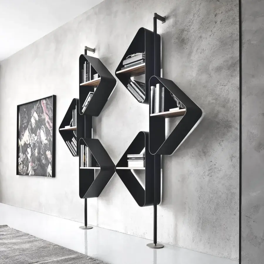 Innovative Cattelan Italia Spinnaker bookcase with black embossed lacquered steel and Noce Canaletto wood shelving in matte dark gray finish