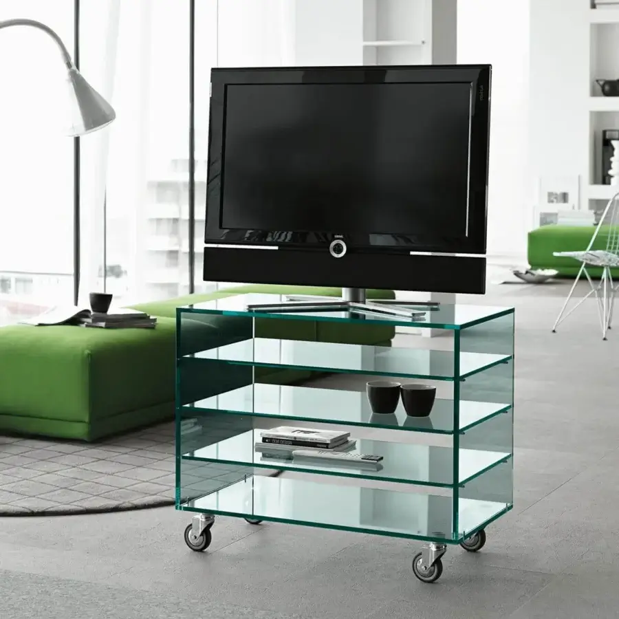 Superior Tonelli Design Grattacielo TV stand built with transparent glass and polished silver-toned metal with a glossy finish