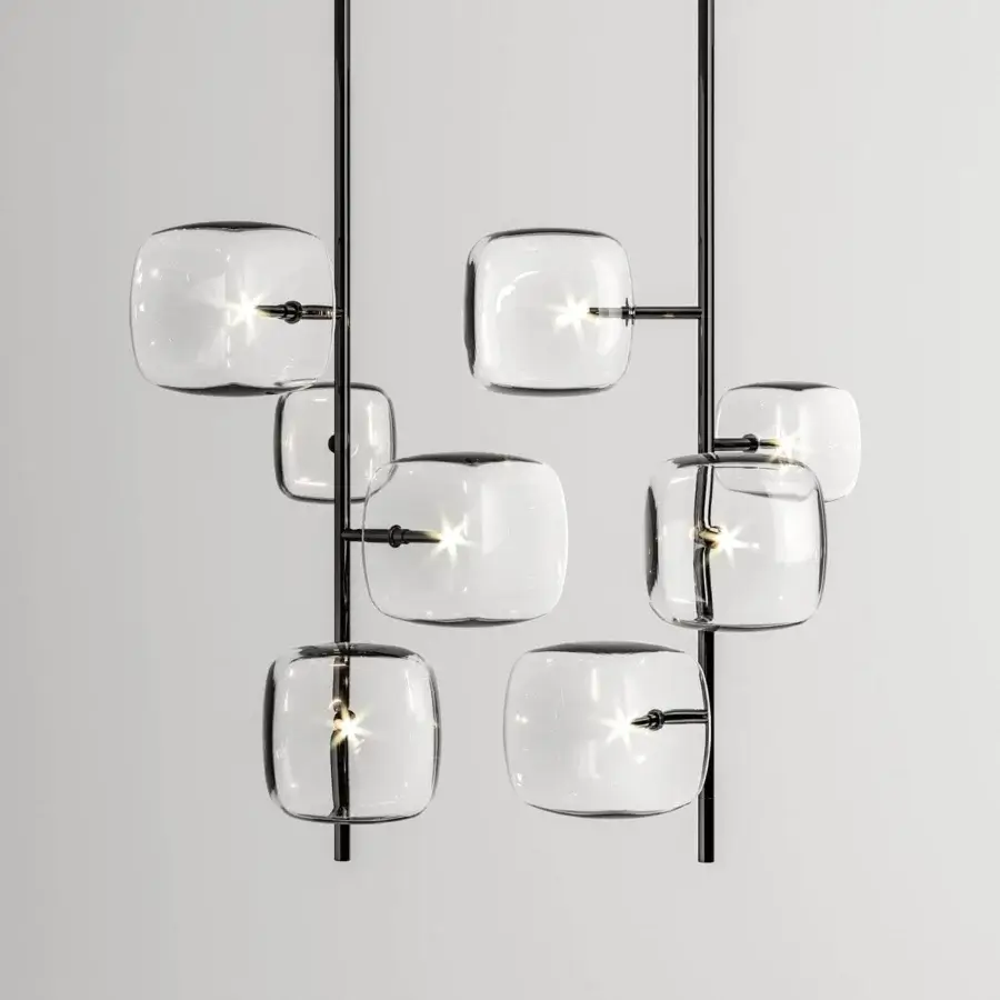 Superior Tonelli Design Hyperion suspension lamp with vertically arranged transparent pyrex glass and matte dark metal rods