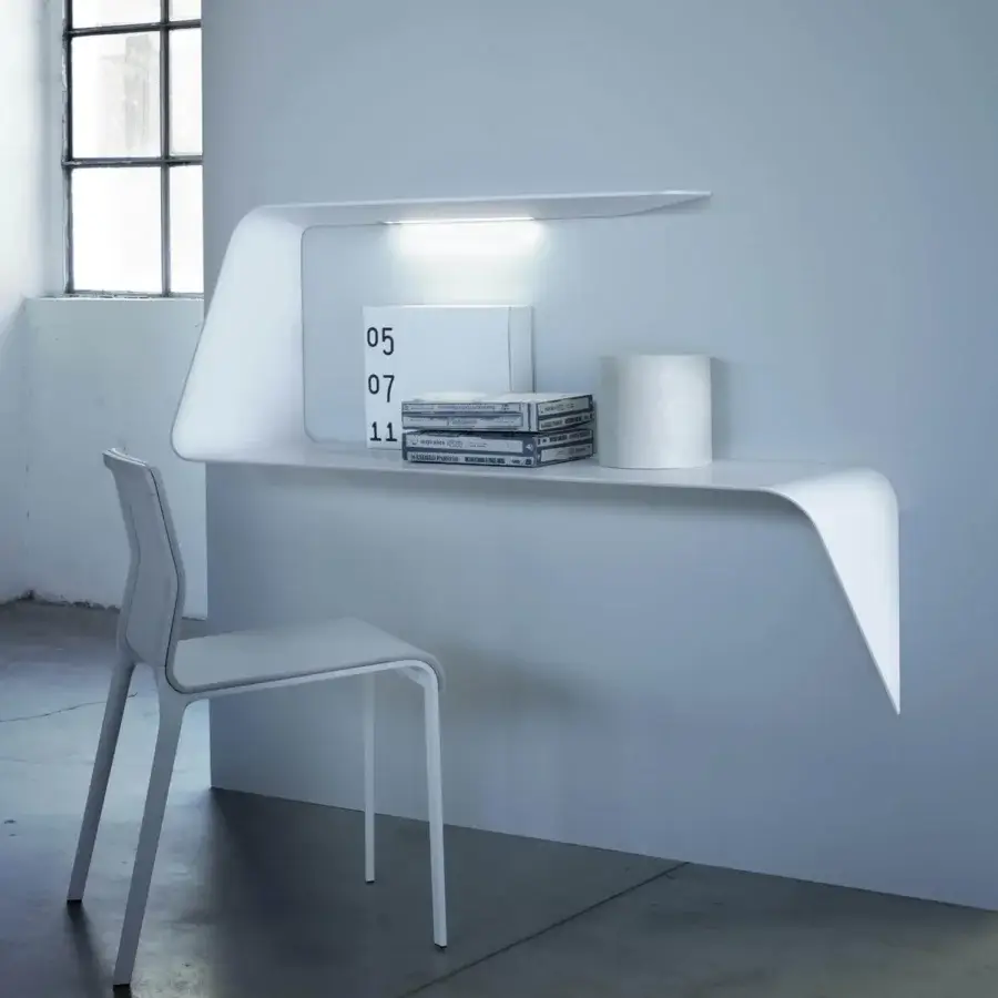 Distinctive MDF Italia Mamba desk crafted in matt white Cristalplant® with integrated white HD LED and glossy finish