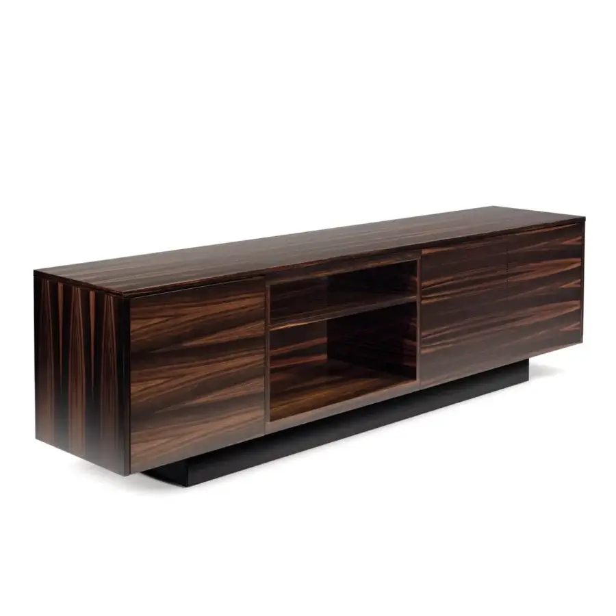 Elegant 4 Mariani City sideboard with black walnut wood veneer and lacquered base exhibiting a minimalist design