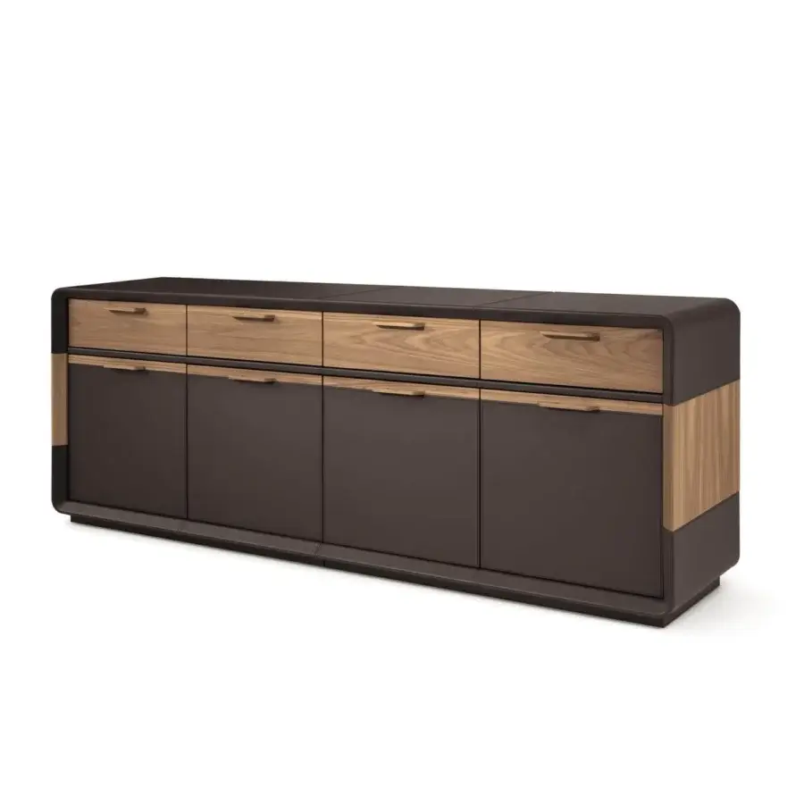 Exceptional 4 Mariani Herman sideboard with curved saddle leather surfaces and warm wood drawer fronts in satin finish