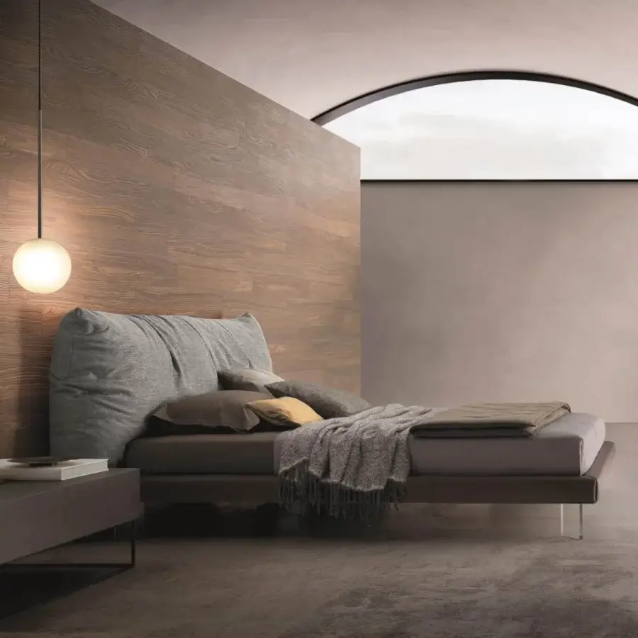 Superior Ditre Italia Papilo bed with plush gray headrest cushions and natural grain wood in a medium-toned brown finish
