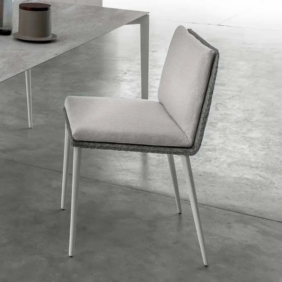 Elegant Talenti Leaf chair with woven textile upholstery in light gray and off-white with darker gray trim crafted with an aluminum frame